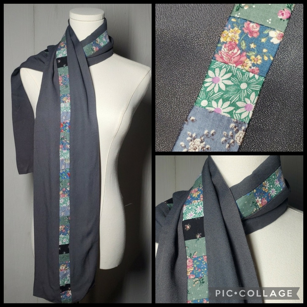 Patchwork Scarf Floral Womens 62" x 7"Grey Cottagecore Boho Unique Artsy‎
